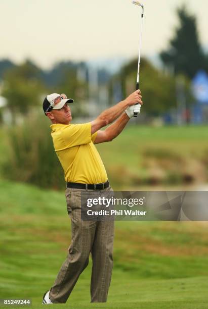 Ian Leggatt of Canada plays a shot on the 10th hole during day one of the New Zealand PGA Championship held at the Clearwater Golf Club March 05,...