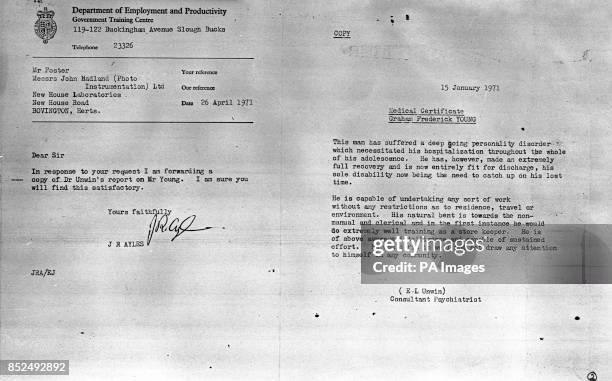 Left, a copy of a letter from the Department of Employment and Productivity to John Hadland Ltd. Right, a report from Consultant Psychiatrist Dr EL...