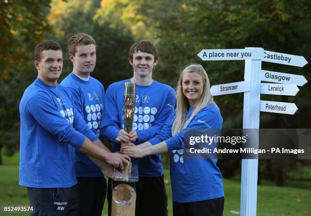 Athletes Russell Weir, Marc Austin, Ross Murdoch and Bev Campbell with Commonwealth Baton during the photocall at Airthrey Castle, Stirling.