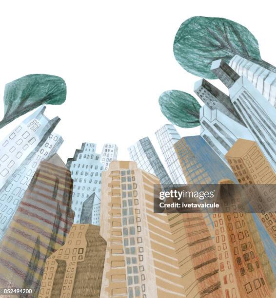 city buildings and trees view from below - tree from below stock illustrations