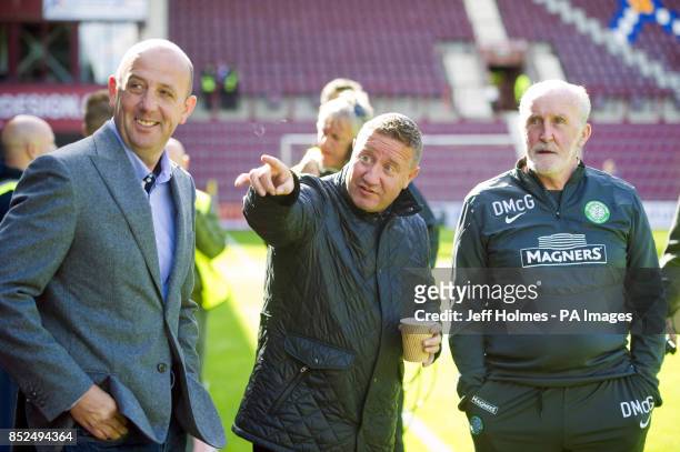 Comentator Gary McAllistair with former hearts manager John Robertson and Danny McGrain celtic coach before the Scottish Premiership match at...