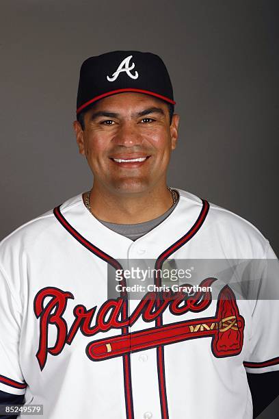 Bullpen Coach Eddie Perez of the Atlanta Braves poses for a photo during Spring Training Photo Day on February 19, 2009 at Champions Stadium at Walt...