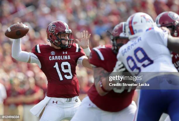 Jake Bentley of the South Carolina Gamecocks drops back to pass against the Louisiana Tech Bulldogs during their game at Williams-Brice Stadium on...