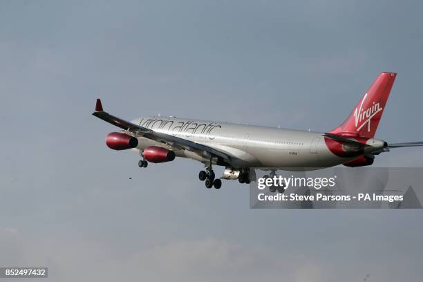Virgin Atlantic Airbus A340-300 plane takes off at Heathrow Airport