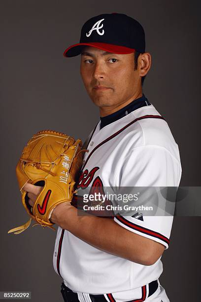Pitcher Kenshin Kawakami of the Atlanta Braves poses for a photo during Spring Training Photo Day on February 19, 2009 at Champions Stadium at Walt...