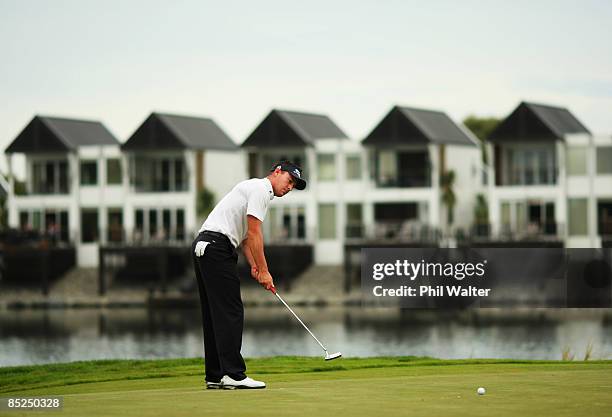 Gareth Paddison of New Zealand plays a putt shot on the 9th hole during day one of the New Zealand PGA Championship held at the Clearwater Golf Club...