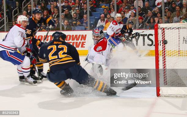 Goaltender Carey Price of the Montreal Canadiens makes a save on Adam Mair of the Buffalo Sabres on March 4, 2009 at HSBC Arena in Buffalo, New York.