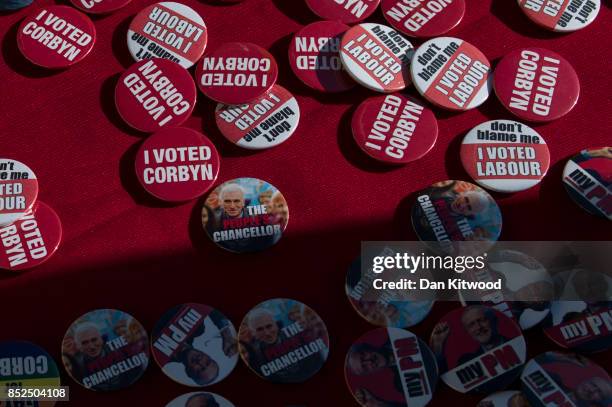 Labour badges are sold on a stand outside the conference centre on September 23, 2017 in Brighton, England. The annual Labour Party conference is set...