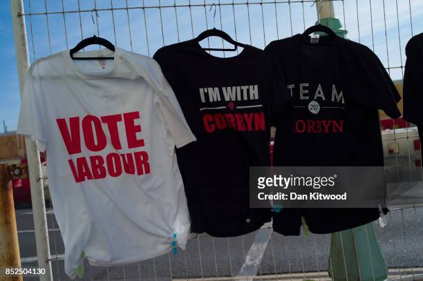 Labour T Shirts are sold outside the conference centre on September 23, 2017 in Brighton, England. The annual Labour Party conference is set to start...