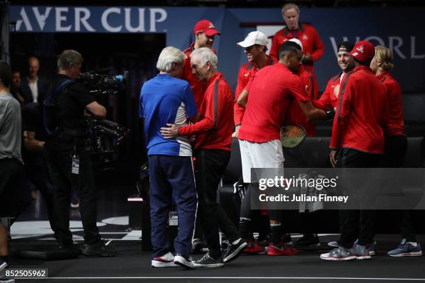 Bjorn Borg, Captain of Team Europe and John Mcenroe, Captain of Team World embrace after Roger Federer and Rafael Nadal of Team Europe win there...