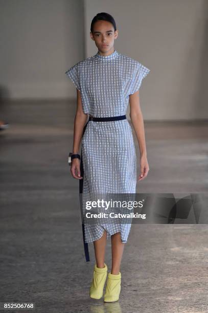 Model walks the runway at the Gabriele Colangelo Spring Summer 2018 fashion show during Milan Fashion Week on September 23, 2017 in Milan, Italy.