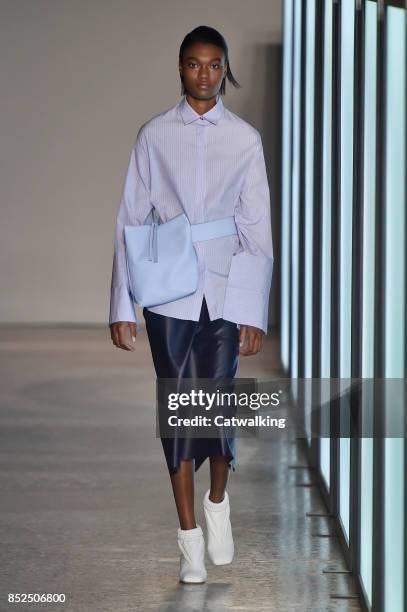 Model walks the runway at the Gabriele Colangelo Spring Summer 2018 fashion show during Milan Fashion Week on September 23, 2017 in Milan, Italy.