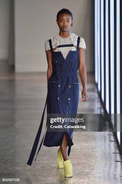 Model walks the runway at the Gabriele Colangelo Spring Summer 2018 fashion show during Milan Fashion Week on September 23, 2017 in Milan, Italy.