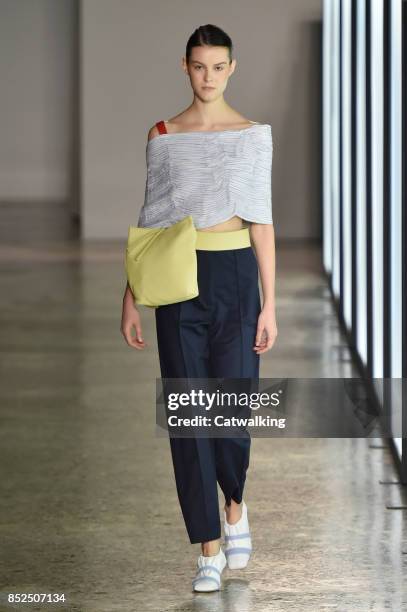 Model walks the runway at the Gabriele Colangelo Spring Summer 2018 fashion show during Milan Fashion Week on September 23, 2017 in Milan, Italy.