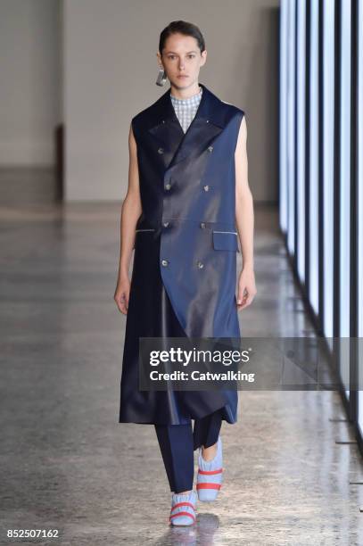 Model walks the runway at the Gabriele Colangelo Spring Summer 2018 fashion show during Milan Fashion Week on September 23, 2017 in Milan, Italy.