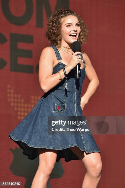 Actor Camren Bicondova speaks onstage during the 2017 Global Citizen Festival in Central Park on September 23, 2017 in New York City.