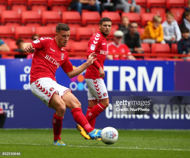 Charlton Athletic's Jason Pearce during Sky Bet League One match between Charlton Athletic against Bury at The Valley Stadium London on 23 Sept 2017