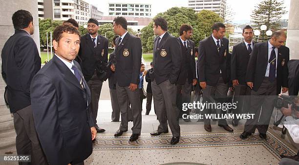 Indian batsman Sachin Tendulkar and the team arrive at Parliament House for a function for the Indian team in Wellington, on March 5, 2009. India...