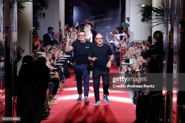 Stefano Gabbana and Domenico Dolce walks the runway at the Dolce & Gabbana secret show during Milan Fashion Week Spring/Summer 2018 at Bar Martini on...