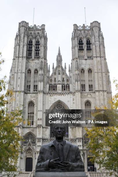 General view of the Cathedral of St. Michael and St. Gudula with the staue of St Gudula King Baudouin in the foreground