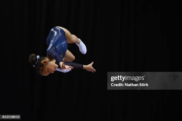 Grace Roberts of Great Britain competes during the Trampoline, Tumbling & DMT British Championships at the Echo Arena on September 23, 2017 in...