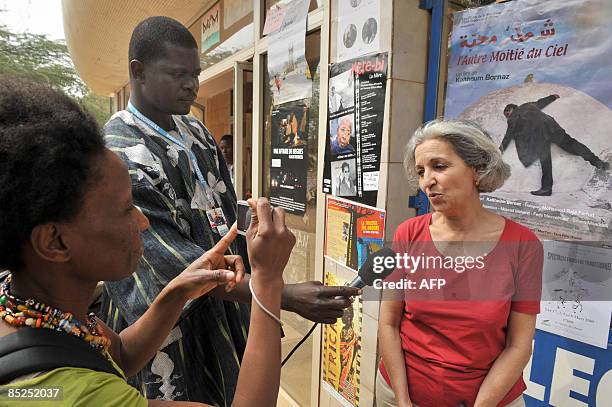 Tunisian director Kalthoum Bornaz speaks to journalists before the screening of her movie "L'autre Moitié du Ciel" in competiton during the...