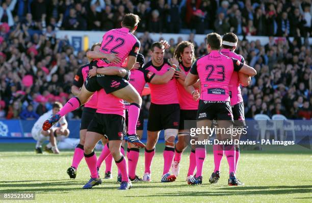 Cardiff Blues celebrate at the final whistle after victory over Toulon in the Heineken Cup match at Cardiff City Stadium, Cardiff.