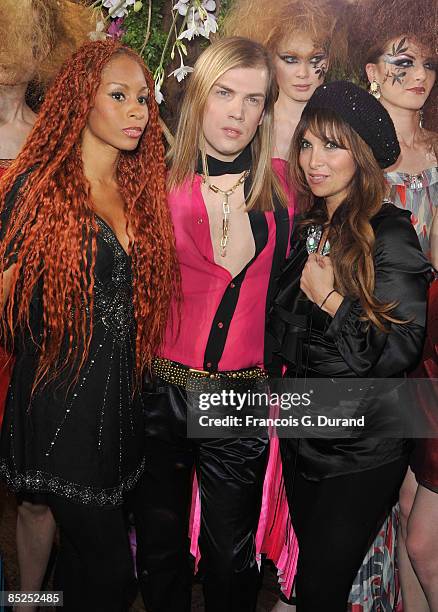 Singer Mia Frye, designer Christophe Guillarme and singer Helene Segara attend the Christophe Guillarme Ready-to-Wear A/W 2009 fashion show during...
