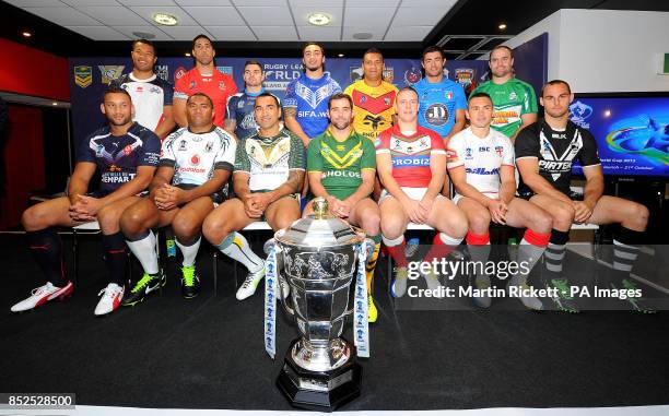 Captains for the 14 competing teams including USA Joseph Paulo, Tonga's Breat Kite, Scotland's Danny Brough, Samoa's Harrison Hanson, PNG Neville...