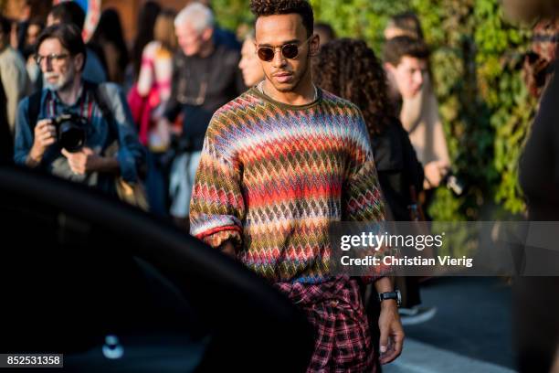 Lewis Hamilton is seen outside Missoni during Milan Fashion Week Spring/Summer 2018 on September 23, 2017 in Milan, Italy.