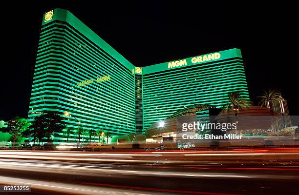 Lights from passing vehicles are seen in front of the MGM Grand Hotel/Casino March 4, 2009 in Las Vegas, Nevada. Las Vegas' largest casino operator...