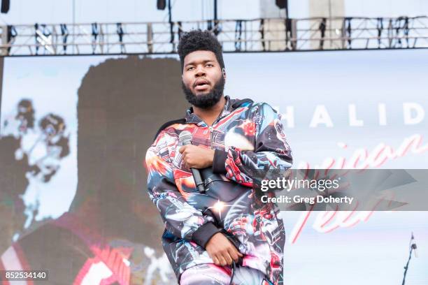 Singer-songwriter Khalid performs at the 2017 Daytime Village At The iHeartRadio Music Festival at T-Mobile Arena on September 23, 2017 in Las Vegas,...