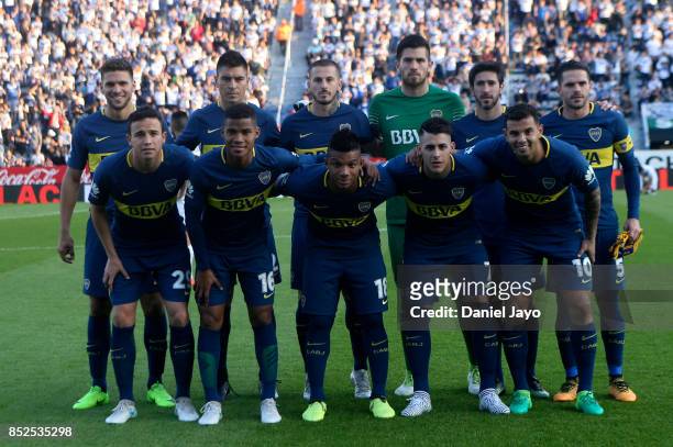 Players of Boca Juniors pose before a match between Velez Sarsfield and Boca Juniors as part of the Superliga 2017/18 at Estadio Jose Amalfitani on...