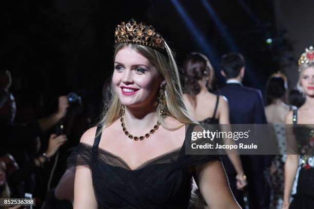 Kitty Spencer walks the runway at the Dolce & Gabbana secret show during Milan Fashion Week Spring/Summer 2018 at Bar Martini on September 23, 2017...