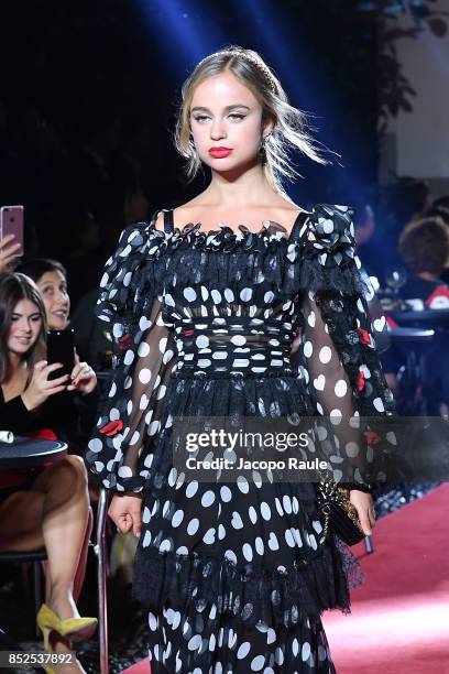 Lady Amelia Windsor walks the runway at the Dolce & Gabbana secret show during Milan Fashion Week Spring/Summer 2018 at Bar Martini on September 23,...