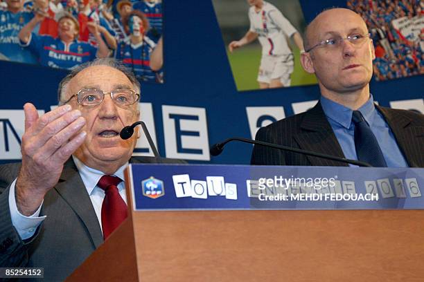 Jean-Pierre Escalettes, , president of the French Football Federation speaks next to French Sports Secretary of State Bernard Laporte during a press...