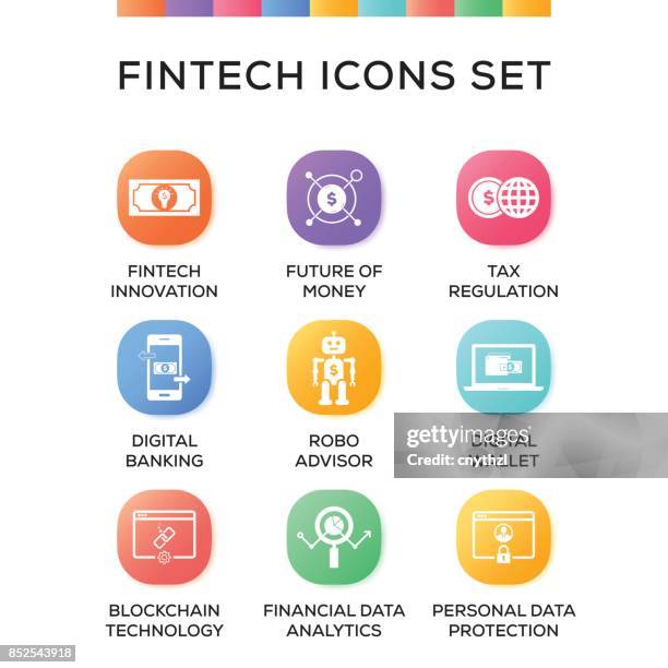 fintech icons set on gradient background - copper gradient stock illustrations