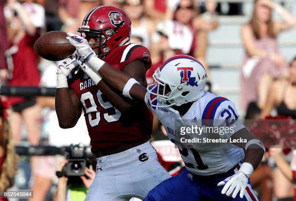 Amik Robertson of the Louisiana Tech Bulldogs breaks up a pass to Bryan Edwards of the South Carolina Gamecocks during their game at Williams-Brice...