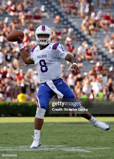 DaMarion King of the Louisiana Tech Bulldogs drops back to pass against the the South Carolina Gamecocks during their game at Williams-Brice Stadium...