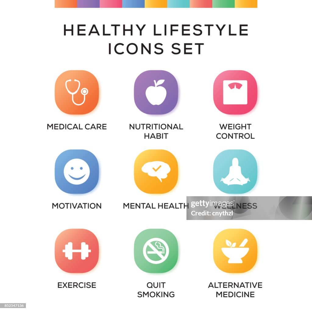 Healthy Lifestyle Icons Set on Gradient Background