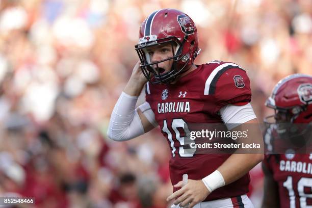 Jake Bentley of the South Carolina Gamecocks reacts after a touchdown against the Louisiana Tech Bulldogs during their game at Williams-Brice Stadium...