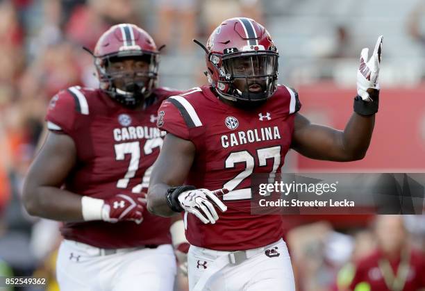 Ty'Son Williams of the South Carolina Gamecocks reacts after scoring a touchdown against the Louisiana Tech Bulldogs during their game at...