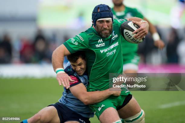 John Muldoon of Connacht tackled by Tomos Williams of Cardiff during the Guinness PRO14 Conference A match between Connacht Rugby and Cardiff Blues...