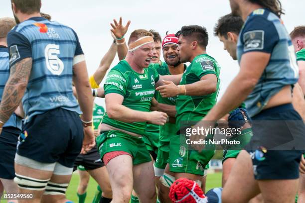 Shane Delahunt of Connacht celebrates after scores a try during the Guinness PRO14 Conference A match between Connacht Rugby and Cardiff Blues at the...