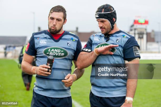 George Earle and Josh Turnbull of Cardiff celebrate after the Guinness PRO14 Conference A match between Connacht Rugby and Cardiff Blues at the...