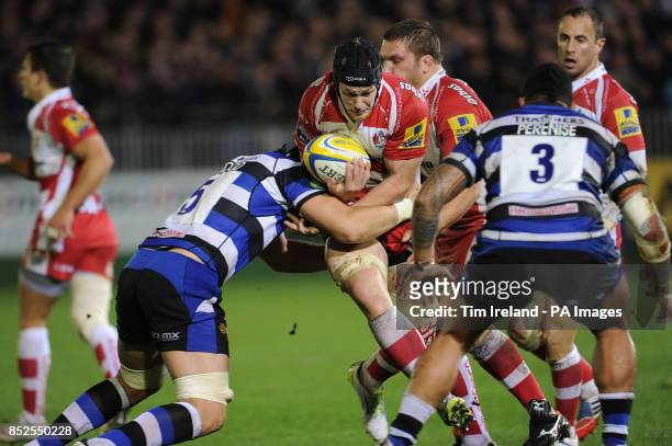 Gloucester's Tom Savage is tackled during the Aviva Premiership match at The Recreation Ground, Bath.