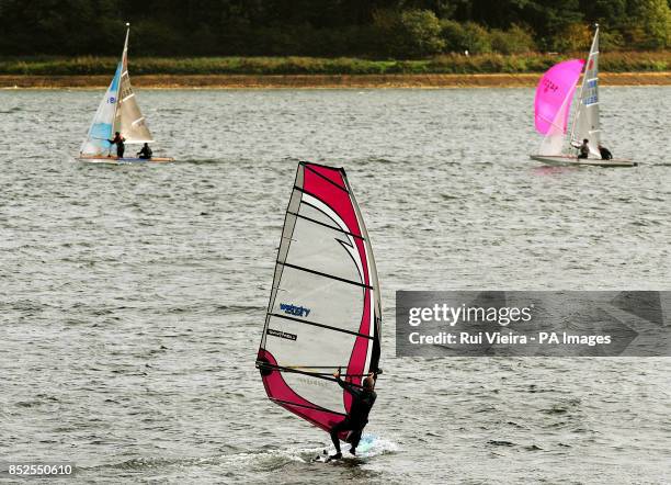 Windsurfer enjoying the strong winds at Pitsford reservoir, Northamptonshire.