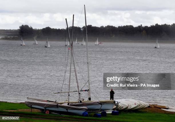 Sailors enjoying the strong winds at Pitsford reservoir, Northamptonshire.