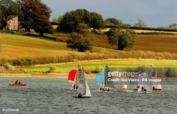 Sailors enjoying the strong winds at Pitsford reservoir, Northamptonshire.
