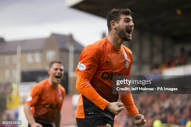 Dundee United's Nadir Ciftci celebrates his second goal during the Scottish Premier League match at Tannadice Park, Dundee.